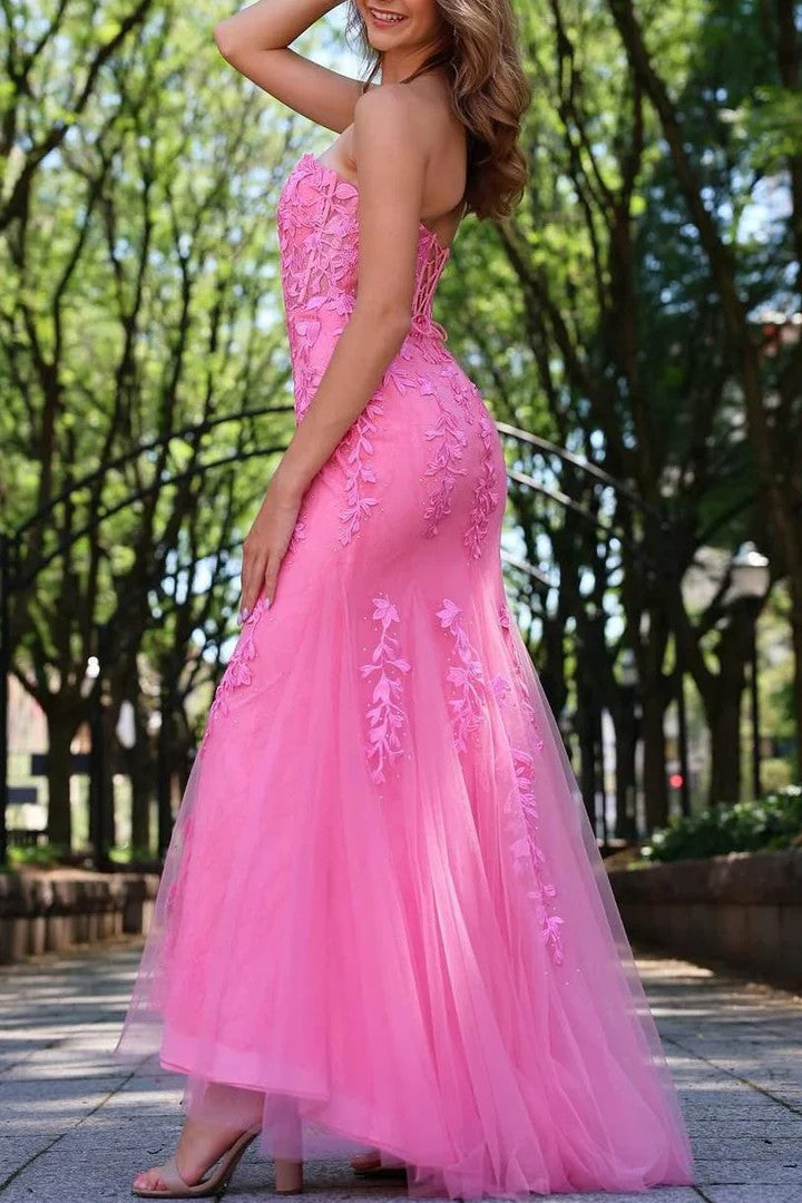 Lumidress Elegant Pink Strapless Sweetheart Lace Appliqué Mermaid Long Prom Dress