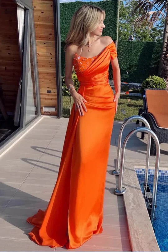 Lumidress Elegant Orange Pleated Satin Sheath Prom Dress with Empire Waist