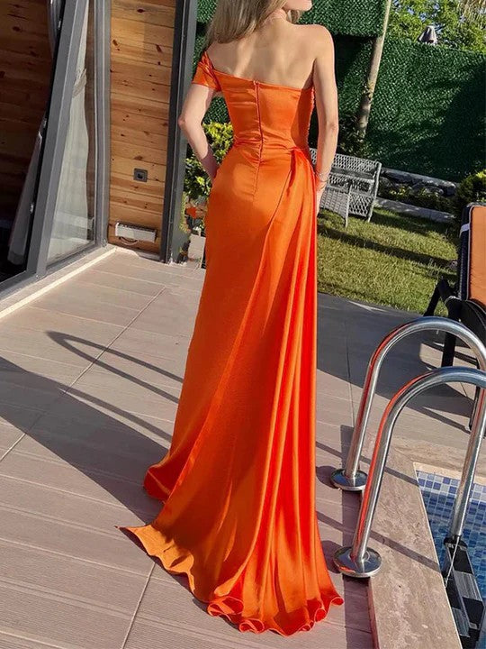Lumidress Elegant Orange Pleated Satin Sheath Prom Dress with Empire Waist