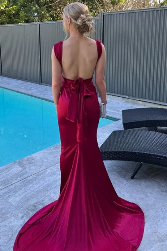 Lumidress Burgundy Satin Mermaid Formal Dress with Straps and Sweep Train