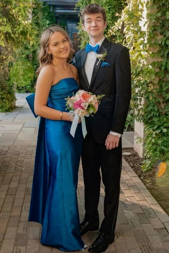 Lumidress Strapless Off-the-Shoulder Pleated Satin Column Prom Dress with Big Bow