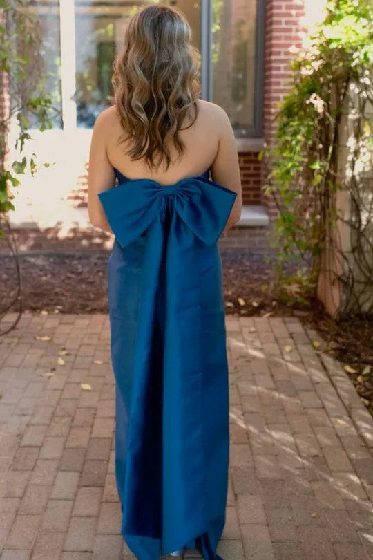 Lumidress Strapless Off-the-Shoulder Pleated Satin Column Prom Dress with Big Bow