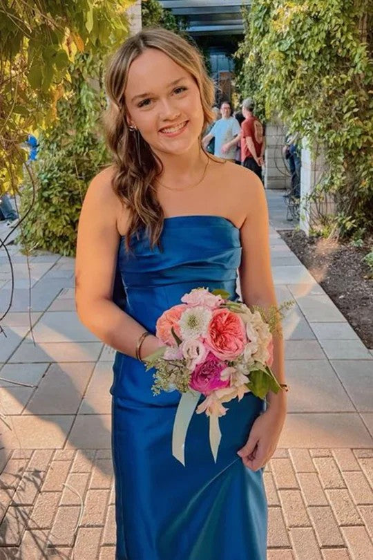 Lumidress Strapless Off-the-Shoulder Pleated Satin Column Prom Dress with Big Bow
