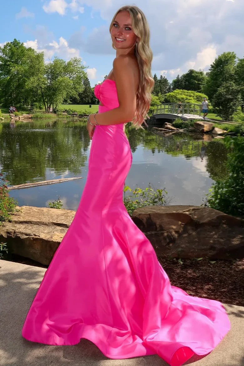 Lumidress Vibrant Fuchsia Strapless Mermaid Gown with Rose Detail