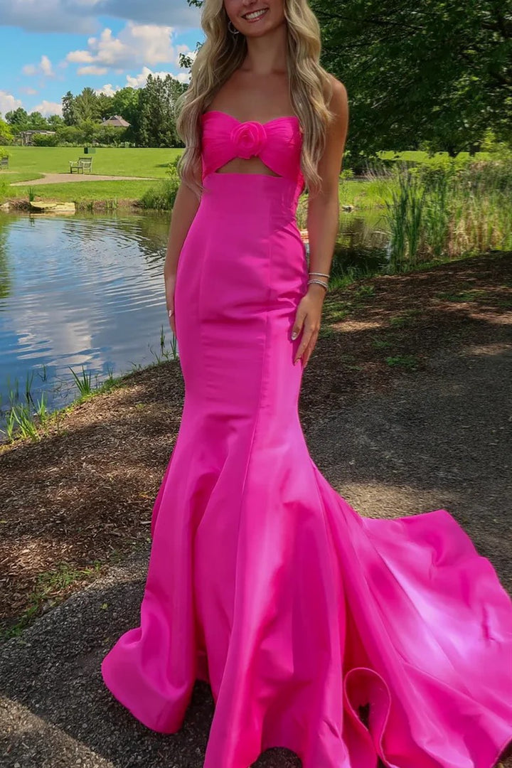 Lumidress Vibrant Fuchsia Strapless Mermaid Gown with Rose Detail