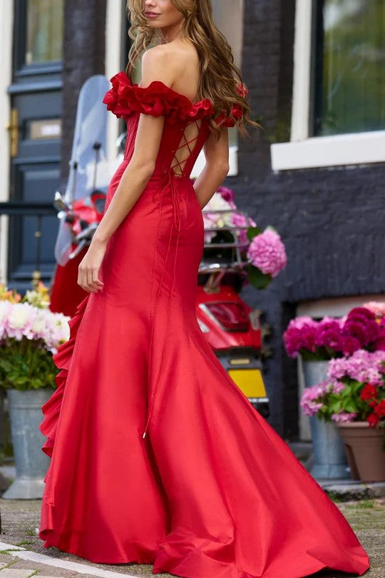 Lumidress Romantic Off-the-Shoulder Ruffled Mermaid Prom Dress with Slit