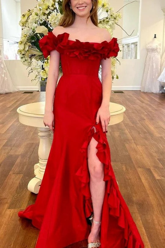 Lumidress Romantic Off-the-Shoulder Ruffled Mermaid Prom Dress with Slit