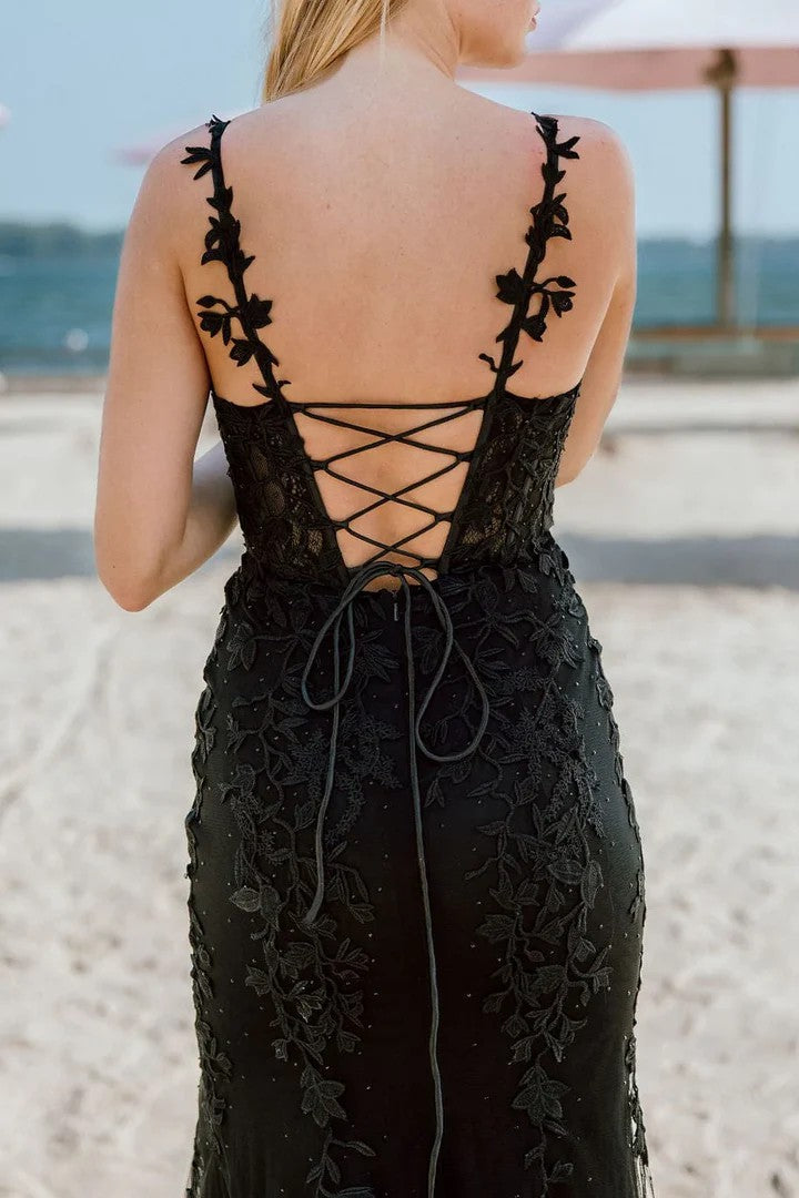 Lumidress Timeless Mermaid Prom Dress with Straps, Lace Appliqués &amp; Slit