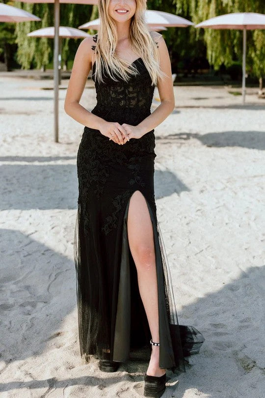 Lumidress Timeless Mermaid Prom Dress with Straps, Lace Appliqués &amp; Slit