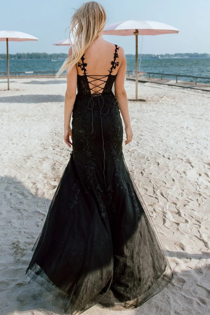 Lumidress Timeless Mermaid Prom Dress with Straps, Lace Appliqués &amp; Slit