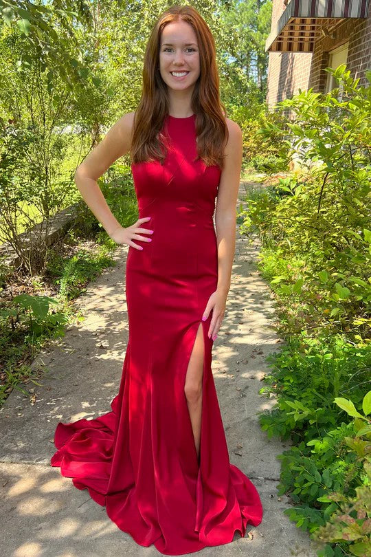 Lumidress Mermaid Scoop Neck Sleeveless Satin Prom Dress with Train