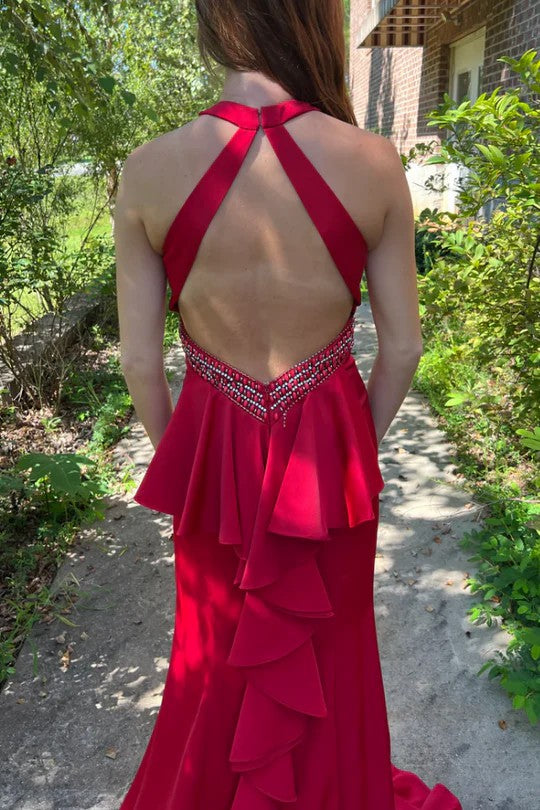 Lumidress Mermaid Scoop Neck Sleeveless Satin Prom Dress with Train