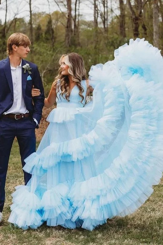 Lumidress Dreamy Sky Blue V-Neck Tiered Tulle Ball Gown Pageant Dress