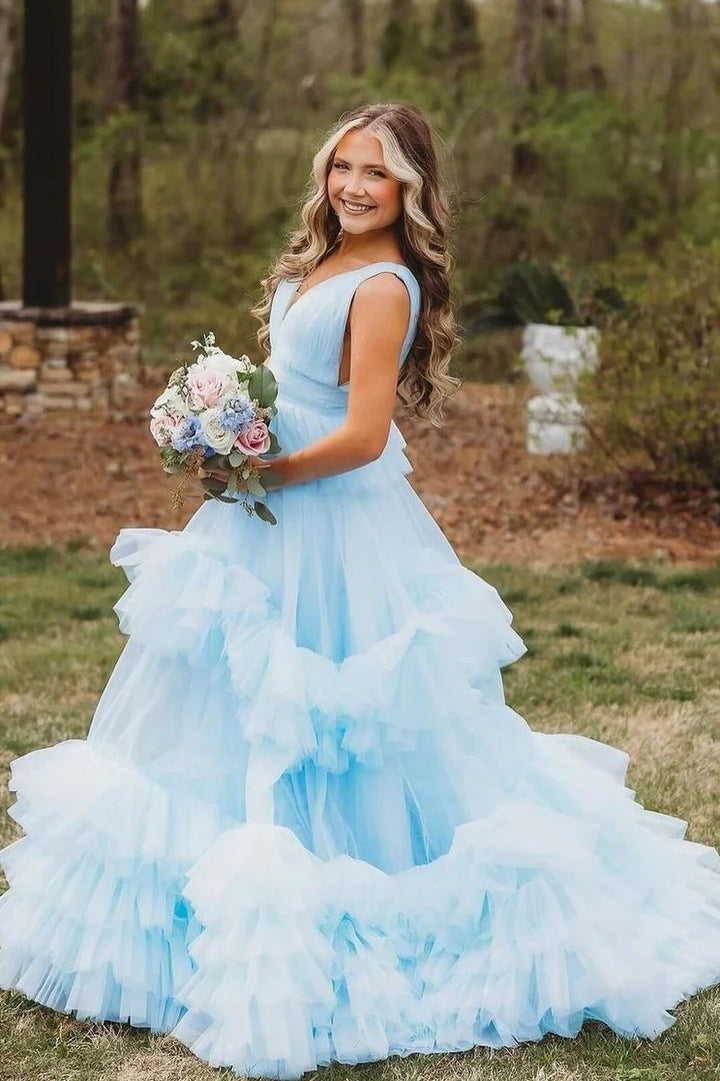 Lumidress Dreamy Sky Blue V-Neck Tiered Tulle Ball Gown Pageant Dress