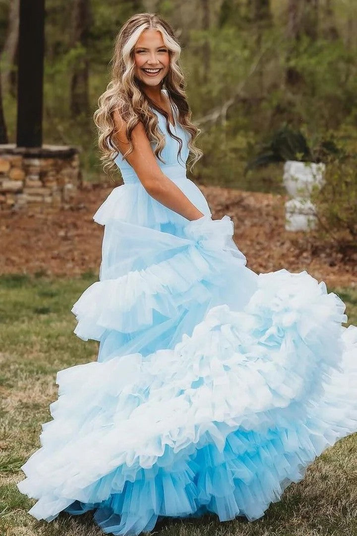 Lumidress Dreamy Sky Blue V-Neck Tiered Tulle Ball Gown Pageant Dress