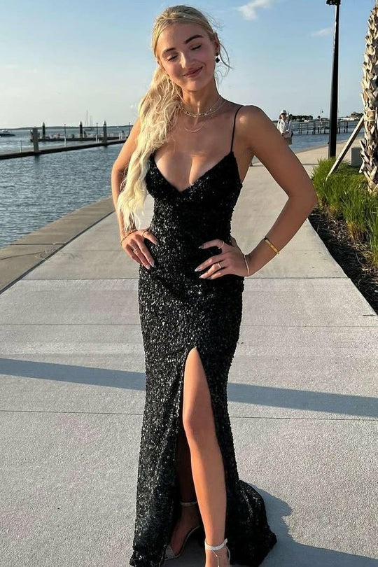 Lumidress Black Sequined Deep V-Neck Mermaid Prom Dress with Slit