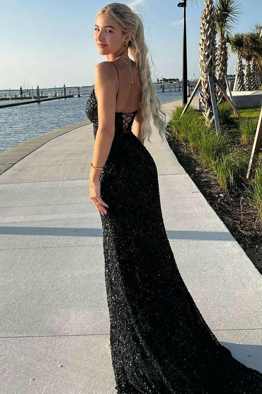 Lumidress Black Sequined Deep V-Neck Mermaid Prom Dress with Slit