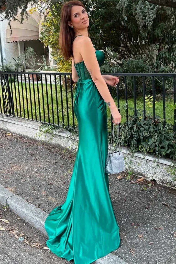 Lumidress Emerald Satin Spaghetti-Strap Gown with Sheer Corset &amp; High Slit