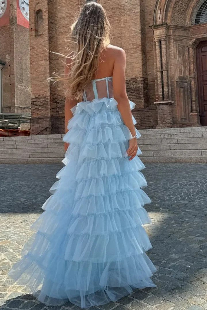 Lumidress Blue Strapless Sweetheart A-Line Layered Tulle Prom Dress
