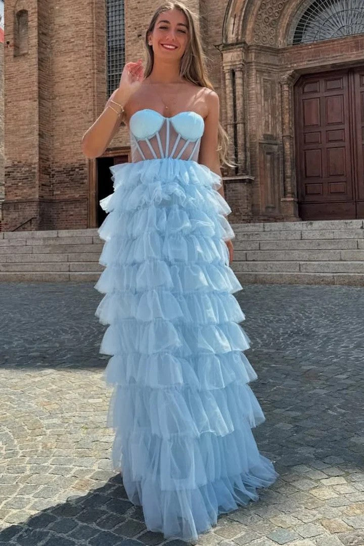 Lumidress Blue Strapless Sweetheart A-Line Layered Tulle Prom Dress