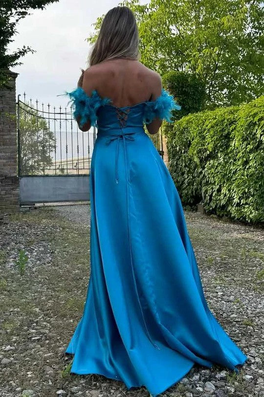 Lumidres Feather-Trim Off-Shoulder Sweetheart A-Line Satin Prom Dress with High Slit