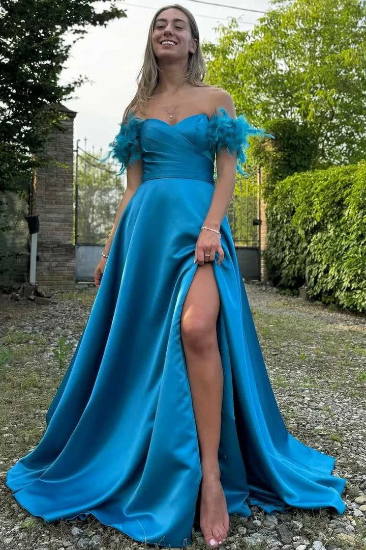 Lumidres Feather-Trim Off-Shoulder Sweetheart A-Line Satin Prom Dress with High Slit