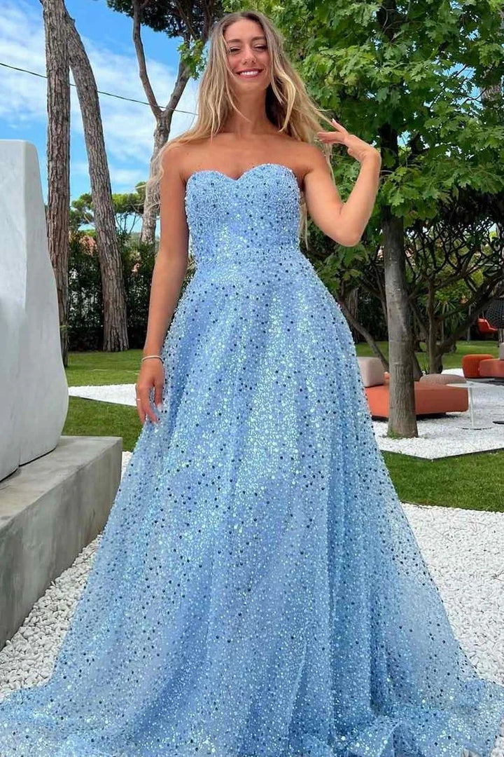 Lumidress Glittering Strapless Sweetheart A-Line Long Sequin Prom Gown