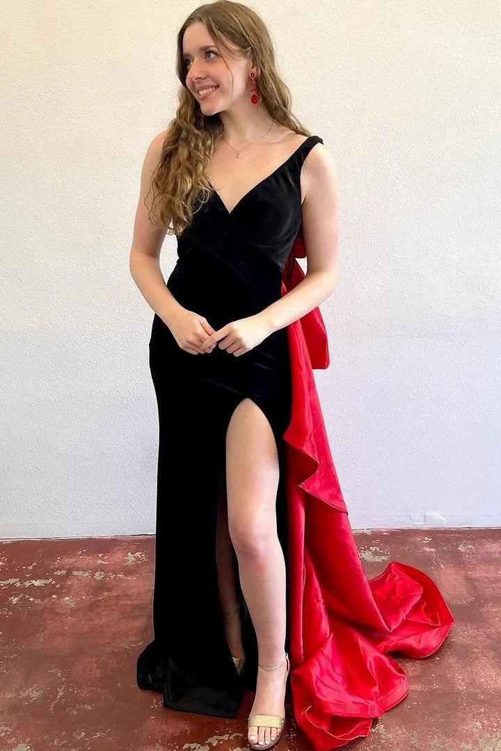 Lumidress Black V-Neck Sleeveless Evening Gown with Red Statement Bow and High Slit