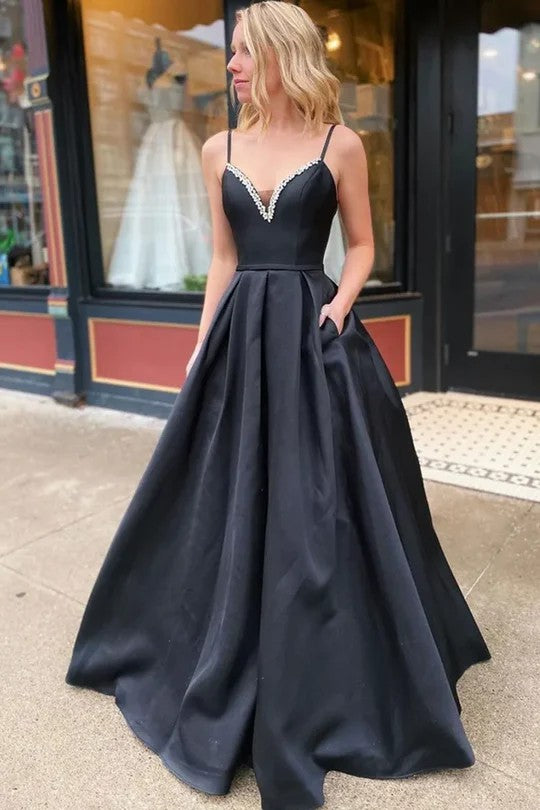 Lumidress Chic Black V-Neck Beaded Satin Gown with Spaghetti Straps