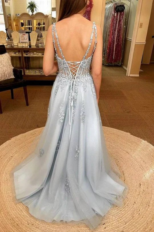 Lumidress Pink Spaghetti Strap A-Line Floral Appliqué Prom Dress with Side Slit