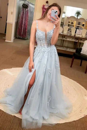 Lumidress Pink Spaghetti Strap A-Line Floral Appliqué Prom Dress with Side Slit