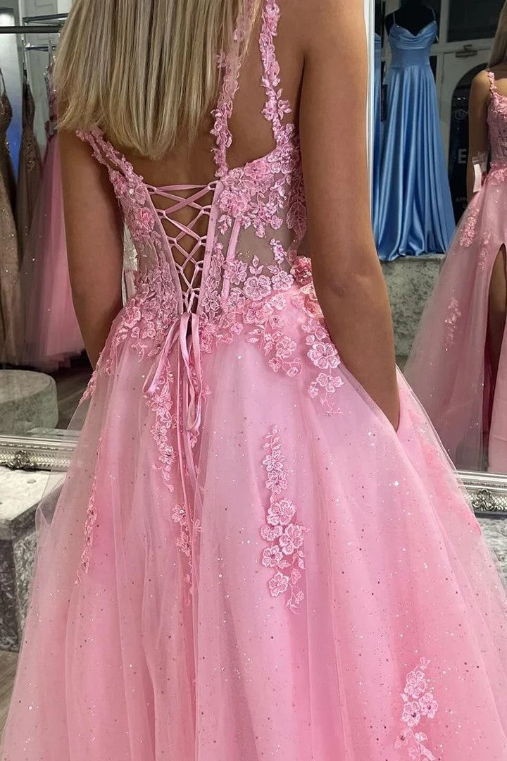 Lumidress Pink Spaghetti Strap A-Line Floral Appliqué Prom Dress with Side Slit
