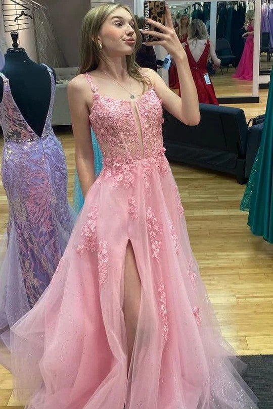 Lumidress Pink Spaghetti Strap A-Line Floral Appliqué Prom Dress with Side Slit
