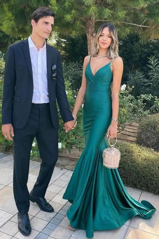 Lumidress Chic Satin Mermaid Prom Dress with V-Neck &amp; Spaghetti Straps