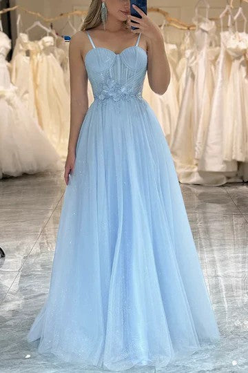 Lumidress Elegant A-Line Sweetheart Tulle Prom Dress with Appliqués and Spaghetti Straps