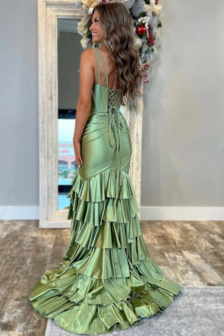 Lumidress Layered Satin Mermaid V-Neck Sleeveless Prom Gown with Slit