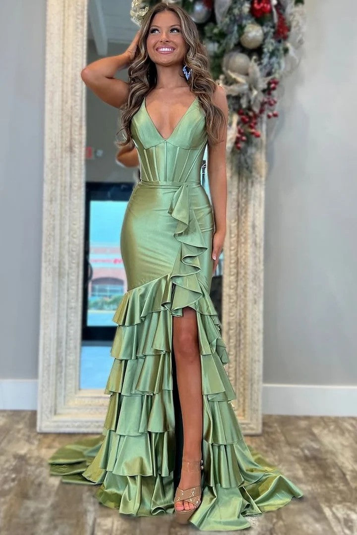 Lumidress Layered Satin Mermaid V-Neck Sleeveless Prom Gown with Slit