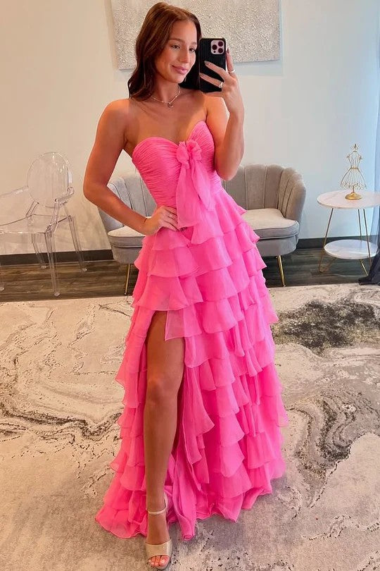 Lumidress Elegant Pink Strapless Layered Chiffon A-Line Prom Dress with Side Slit