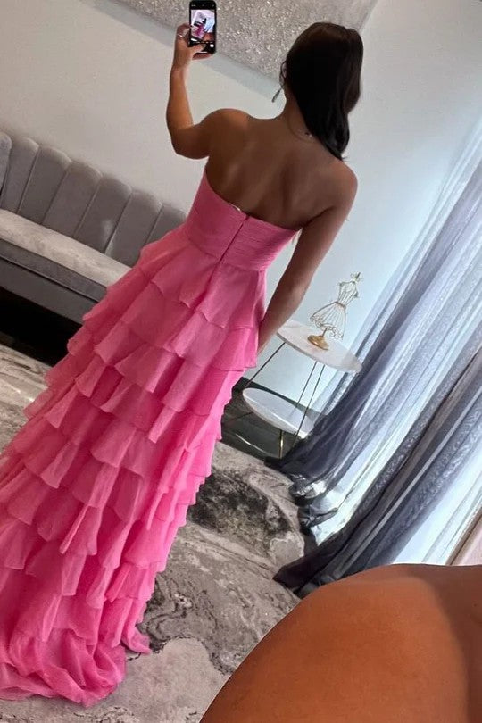 Lumidress Elegant Pink Strapless Layered Chiffon A-Line Prom Dress with Side Slit