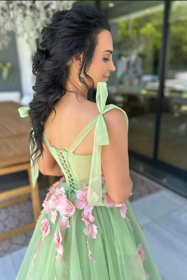 Lumidress Elegant Green A-Line Tulle Prom Dress with 3D Floral Appliques