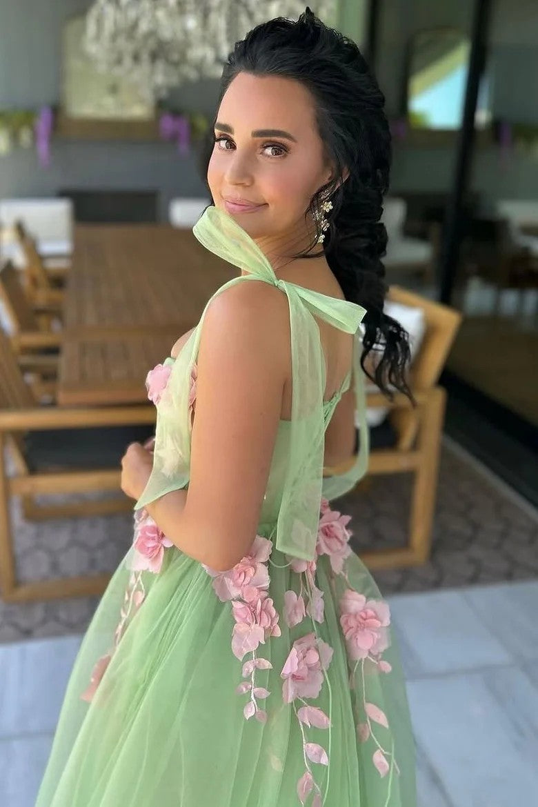 Lumidress Elegant Green A-Line Tulle Prom Dress with 3D Floral Appliques