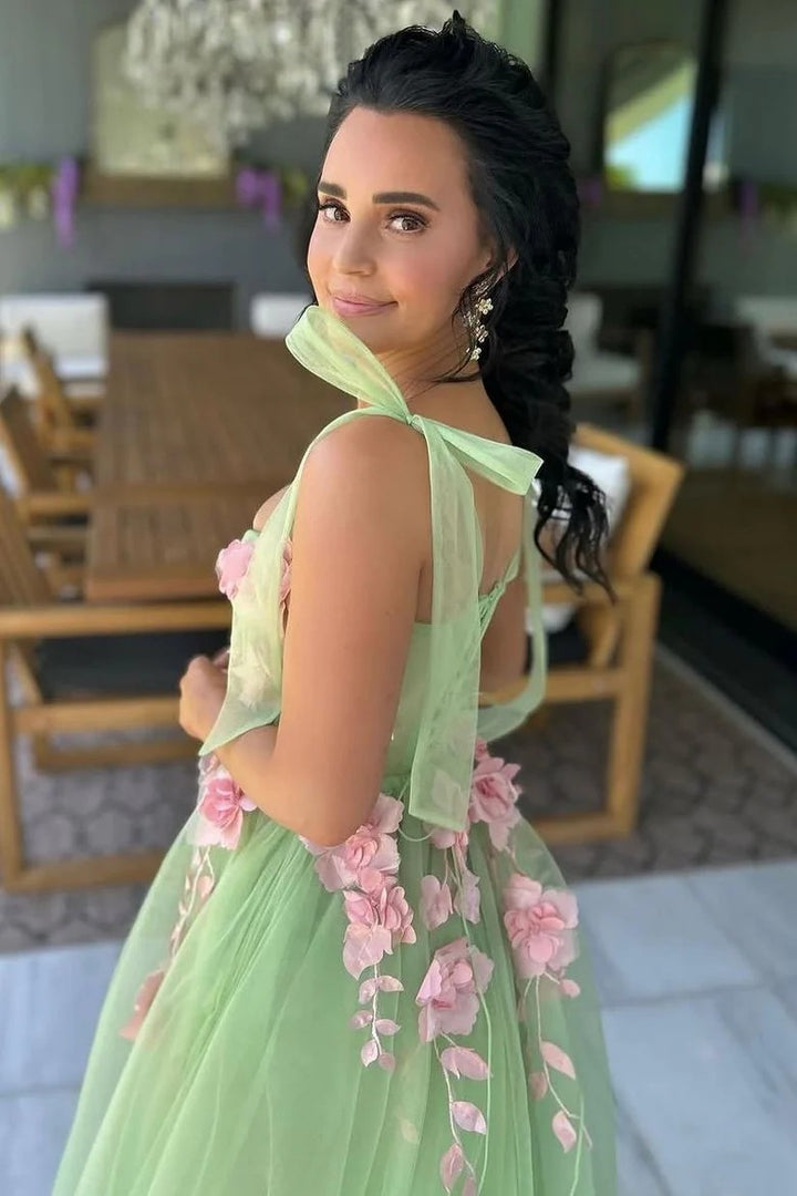 Lumidress Elegant Green A-Line Tulle Prom Dress with 3D Floral Appliques