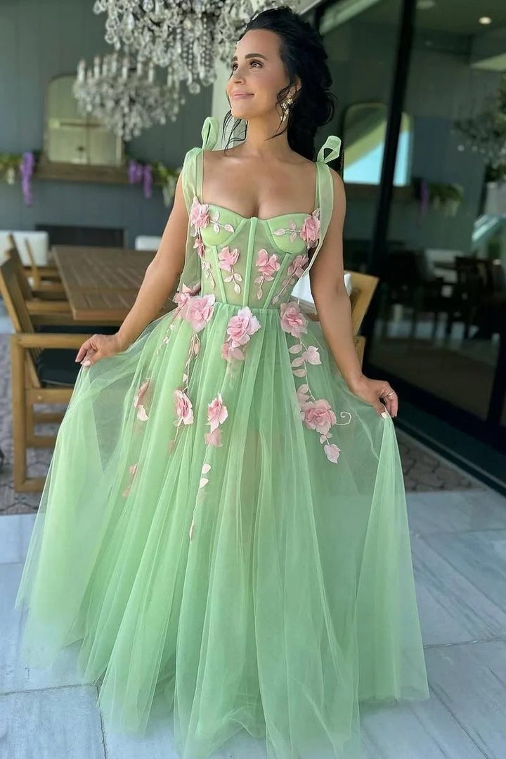Lumidress Elegant Green A-Line Tulle Prom Dress with 3D Floral Appliques