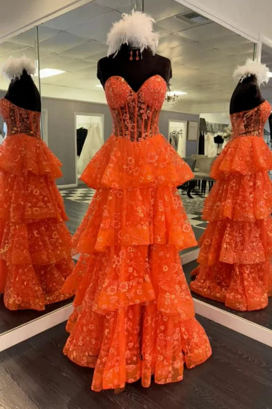 Lumidress Orange Strapless Sweetheart Prom Dress with Layered Tulle and Appliqué Slit