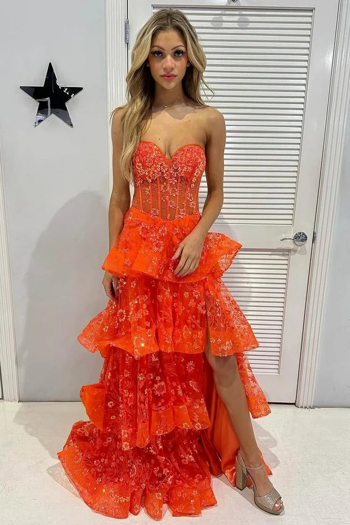 Lumidress Orange Strapless Sweetheart Prom Dress with Layered Tulle and Appliqué Slit