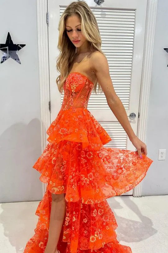 Lumidress Orange Strapless Sweetheart Prom Dress with Layered Tulle and Appliqué Slit