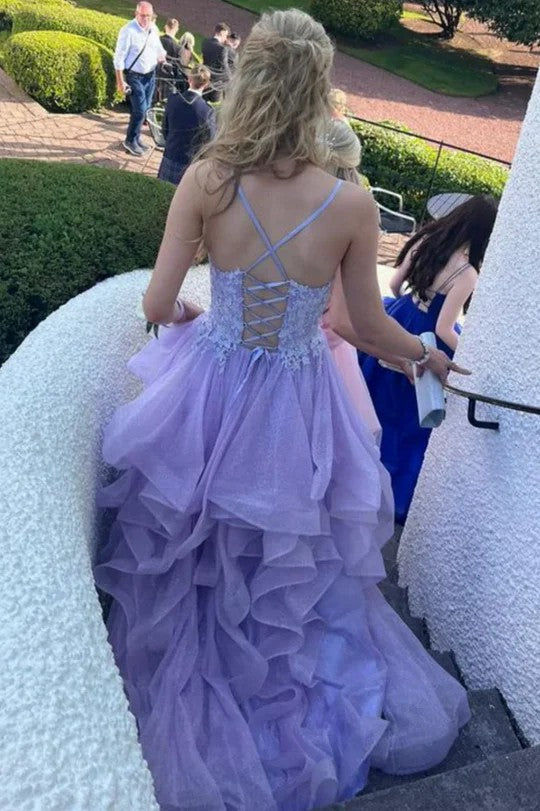 Lumidress Romantic Lilac Sweetheart Ruffled Tulle Prom Gown with Spaghetti Straps