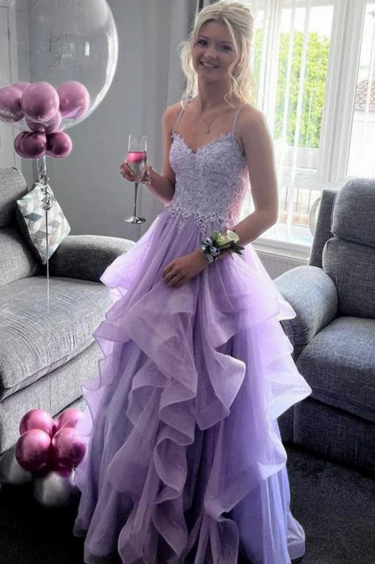 Lumidress Romantic Lilac Sweetheart Ruffled Tulle Prom Gown with Spaghetti Straps