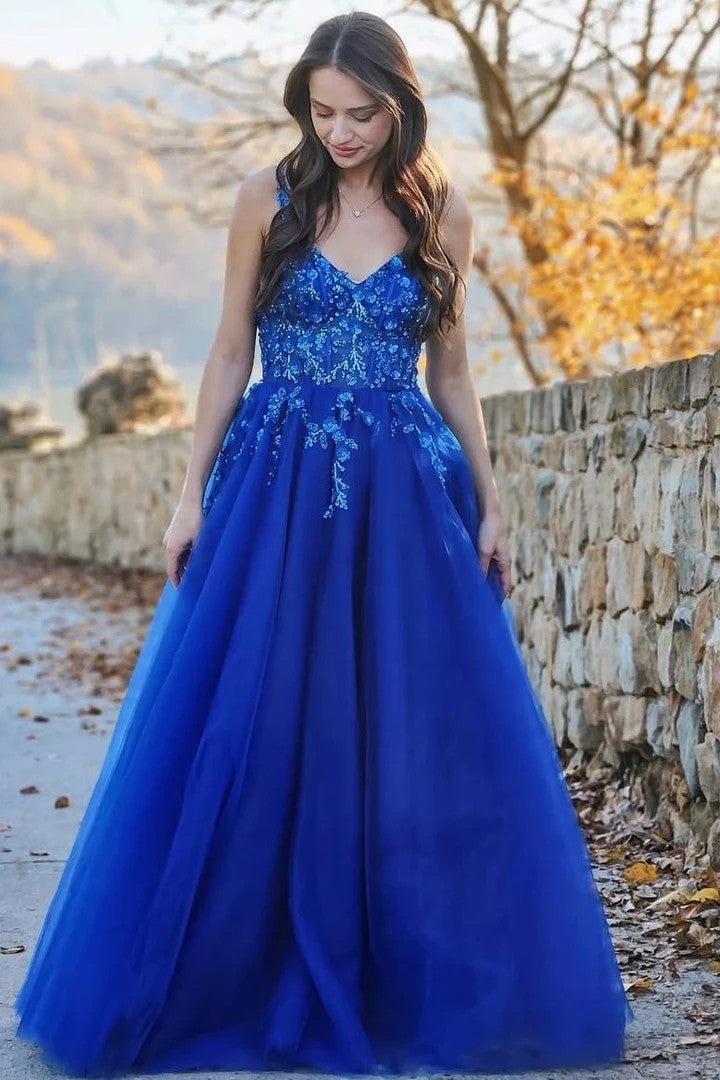 Lumidress Elegant Royal Blue Strappy V-Neck A-Line Prom Gown with Appliqués