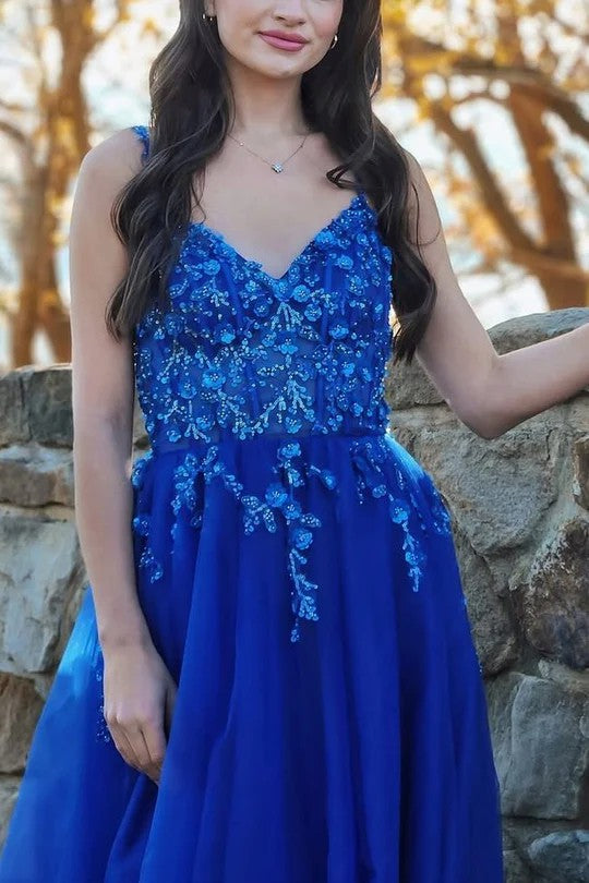 Lumidress Elegant Royal Blue Strappy V-Neck A-Line Prom Gown with Appliqués